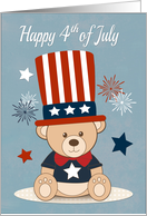 Cute Teddy Bear with Fireworks and Stars for 4th of July card