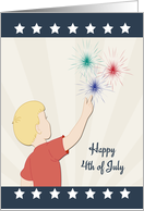 Retro Boy Pointing to Fireworks with Stars for 4th of July card