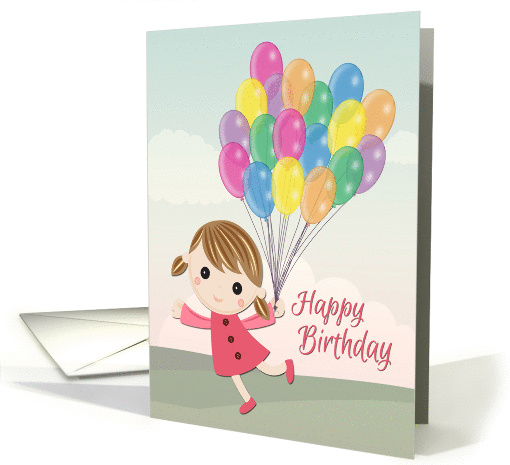 Cartoon Girl in a Pink Dress Running with Balloons for Birthday card