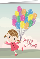 Cartoon Girl in a Pink Dress Running with Balloons for Birthday card