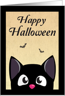 Cute Black Cartoon Cat Looking Over the Bottom for Halloween card
