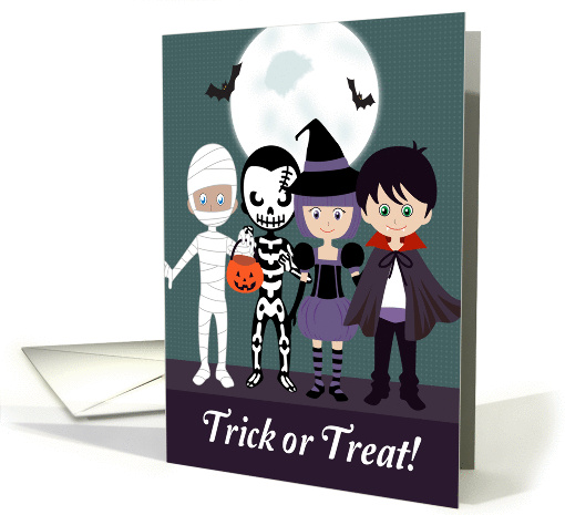Kids Trick or Treating with Full Moon and Bats for Halloween card