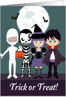 Kids Trick or Treating with Full Moon and Bats for Halloween card