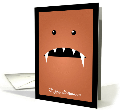 Orange Monster Face with Small Eyes and Fangs for Halloween card