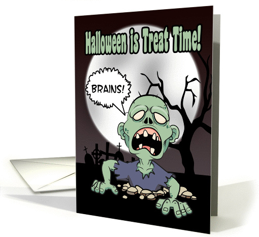Zombie Coming from the Ground Demanding Brains for Halloween card