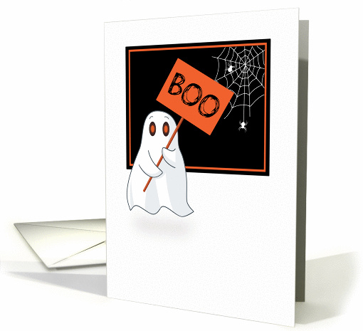 Ghost Holding a Boo Sign with Spider Web for Halloween card (1384916)