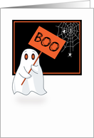 Ghost Holding a Boo Sign with Spider Web for Halloween card