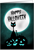 Black Cat and Pumpkins in Front of Glowing Moon for Halloween card
