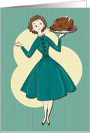 Retro Woman Carrying a Turkey for Thanksgiving card