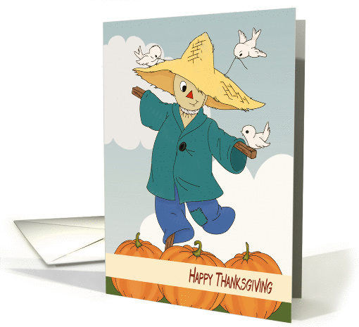 Scarecrow in a Pumpkin Patch with Birds for Thanksgiving card