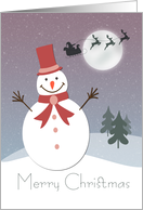 Smiling Snowman with Santas Sleigh for Christmas card