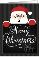 Santa Holds a Chalkboard with Merry Christmas and Gifts card