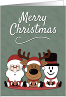 Santa, Reindeer, and Snowman Sitting with Presents for Christmas card