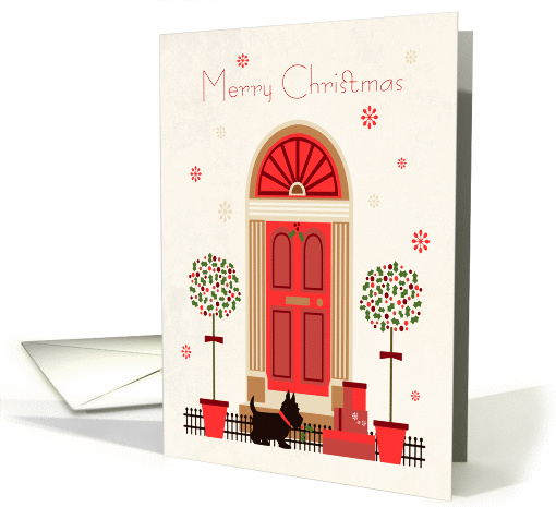 Retro Doorway with Black Terrier Dog and Presents for Christmas card