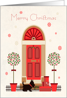 Retro Doorway with Black Terrier Dog and Presents for Christmas card