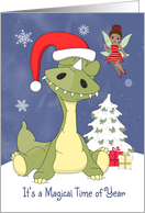 Cartoon Dragon with Santa Hat and Christmas Fairy card