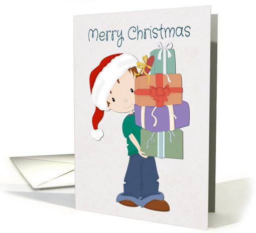 Cartoon Boy holds Presents and has a Santa Hat for Christmas card