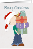 Cartoon Boy holds Presents and has a Santa Hat for Christmas card
