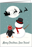 Snowman and Penguin Watch Santas Sleigh for Christmas card