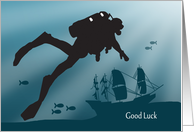 Scuba Diver Silhouette with Shipwreck for Good Luck card