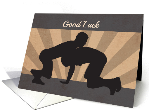 Two Silhouette Wrestlers with Sunburst Background for Good Luck card