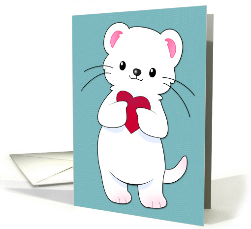 Cute White Ferret Holding a Red Heart for Valentines Day card