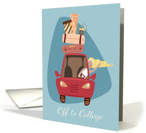 Girl Driving Off to College with Red Car and Suitcases card (1407236)