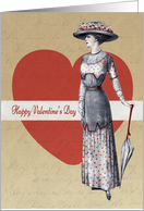 Victorian Lady with Parasol and Heart Background for Valentines Day card