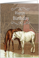 Vintage Horses Drinking from Stream for Birthday card