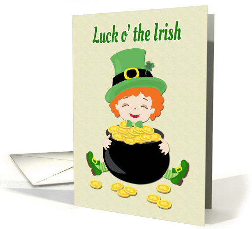 Little Leprechaun Girl with Pot of Gold for St. Patricks Day card