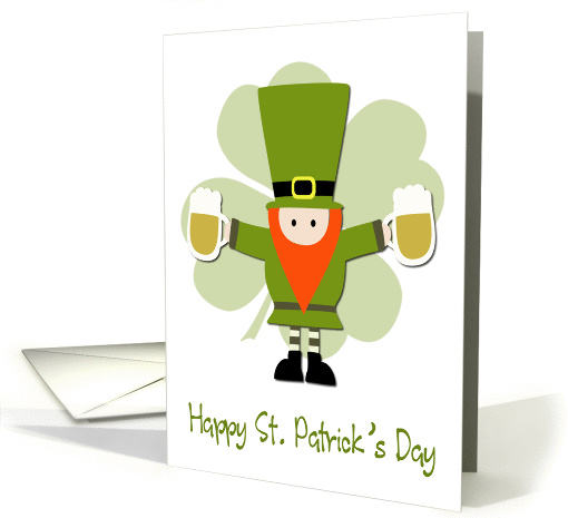 Cute Leprechaun with Beer and Shamrock for St. Patricks Day card