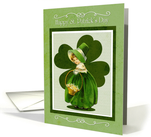 Adorable Retro Girl with Flower Basket for St. Patricks Day card