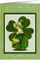 Adorable Retro Girl with Flower Basket for St. Patricks Day card