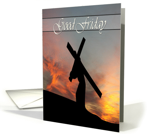 Christ Carries the Cross with Sunset Background for Good Friday card
