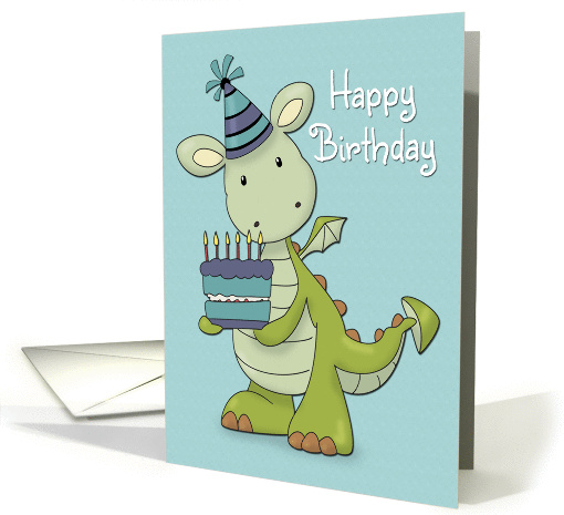 Cartoon Dragon with Cake for Happy Birthday card (1419988)