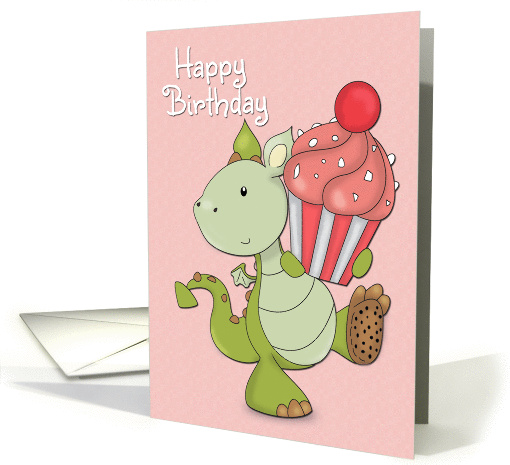 Cartoon Dragon with Cupcake for Happy Birthday card (1419990)