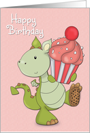 Cartoon Dragon with Cupcake for Happy Birthday card