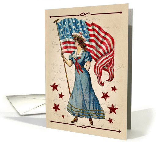 Retro Patriotic Lady with American Flag for Fourth of July card