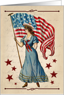 Retro Patriotic Lady with American Flag for Fourth of July card