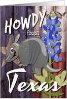 Howdy from Texas with State Flag, Armadillo, and Bluebonnets card