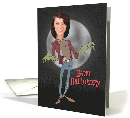 Custom Head of Zombie in Front of a Full Moon for Halloween card