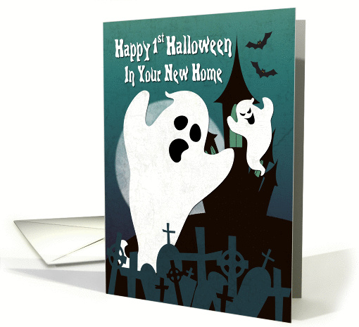 Two Ghost with Haunted House for 1st Halloween in New House card