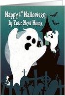 Two Ghost with Haunted House for 1st Halloween in New House card