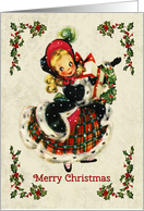 Vintage Girl Illustration with Holly for Christmas card