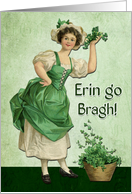 Retro Woman with Flower Pot and Shamrocks for St. Patricks Day card