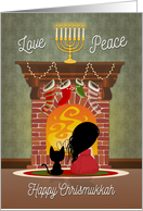 Interfaith Holiday with Girl and Cat Sitting in Front of Fireplace card