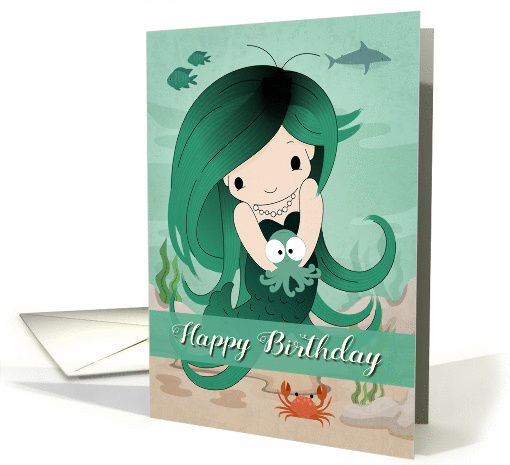 Cute Mermaid Holding a Baby Octopus for Happy Birthday card (1461356)