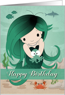 Cute Mermaid Holding a Baby Octopus for Happy Birthday card