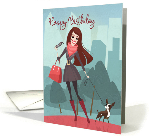 Cartoon Woman Walking her Dog in City Park for Happy Birthday card