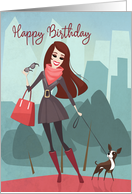 Cartoon Woman Walking her Dog in City Park for Happy Birthday card